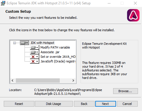 Adoptium installer showing Custom Setup screen with default options